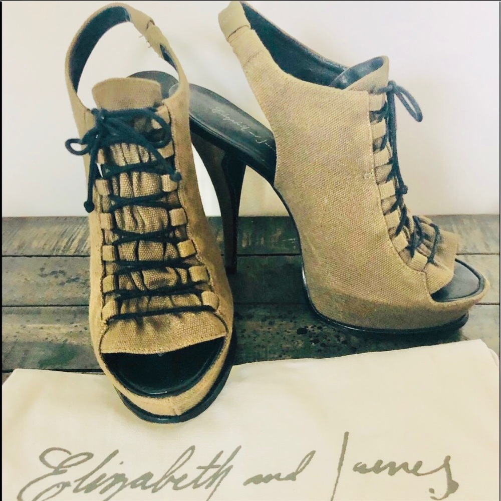 ELIZABETH & JAMES E Margo Khaki Tie Peep Toe 8.5